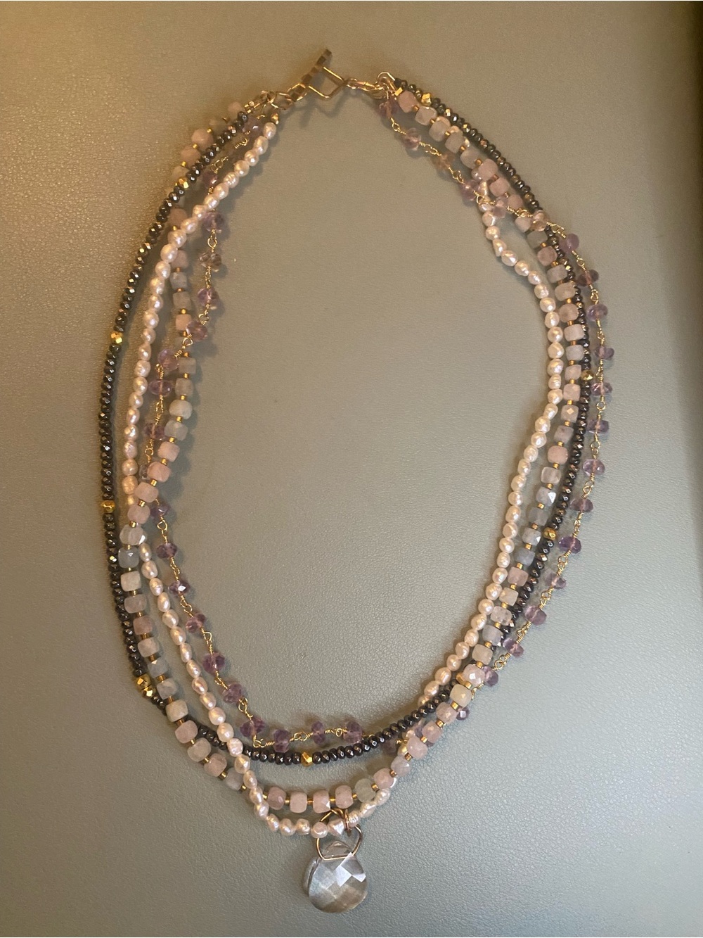 Multi-Strand Pink, Gray & Pearl Layered Necklace with Crystal Drop